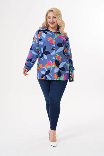 Polologin Butik Abstract Leaf Patterned Blue Viscose Tunic