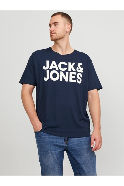 Jack & Jones Bisiklet Yaka Logo Baskili Büyük Battal Beden Tisört