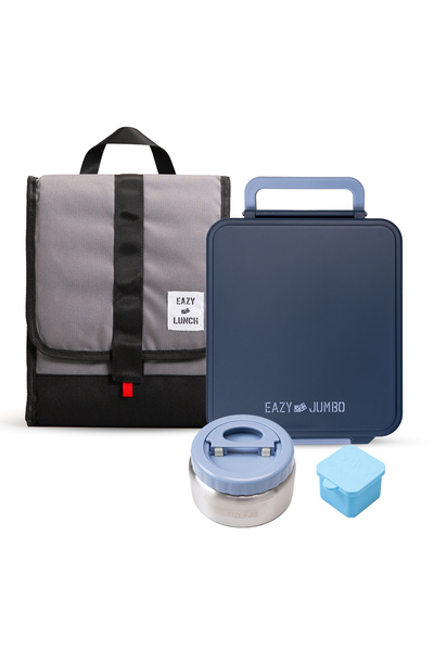Eazy Kids Jumbo Bento Lunch Box w/ Lunch Bag, Thermos&Dip Jar-Gray