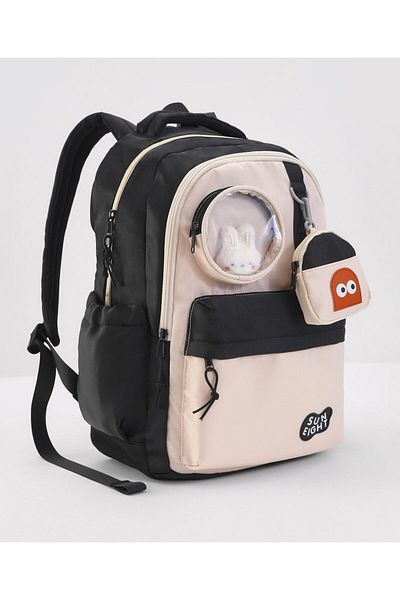 Bonfino Bonfino Backpack with Coin Purse, Adjustable Shoulder Strap, Black and Beige - 19 Inches