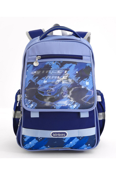 Bonfino حقيبة مدرسية مطبوعة بسيارة بونفينو، جيبان جانبيان لزجاجات المياه، ظهر مبطن، أزرق - 15 بوصة