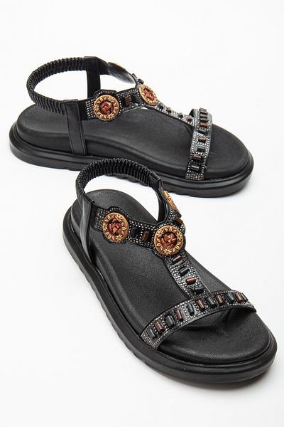 Tonny Black Women's Black Stone Embroidered Sandals with Elastic Back