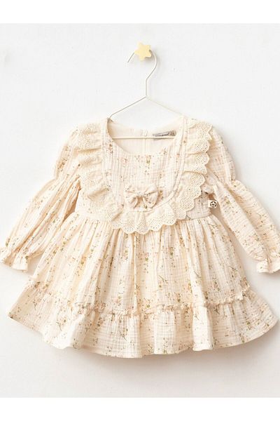 Cherrys Bebek Baby Girl Floral Patterned Ruffle Muslin Dress