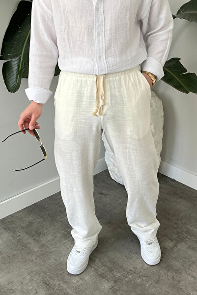BayAygün Bayaygun 5070 Baggy Joger Linen Trousers_White