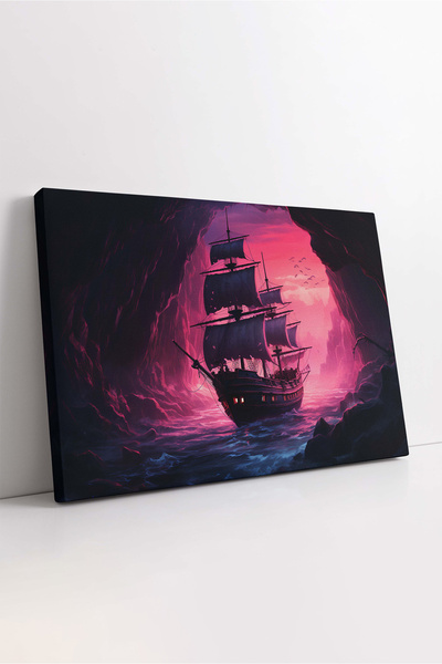 KOSS Dijital Pictură pe pânză cu apus de soare violet și navă de război, pictură cu navă pirat, pictură decorativă de lux