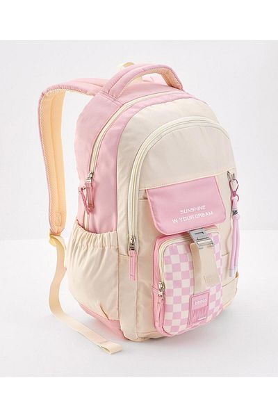 Bonfino Bonfino School Bag, Spacious Compartments, Comfortable Padded Straps, Khaki and Pink - 18 Inches