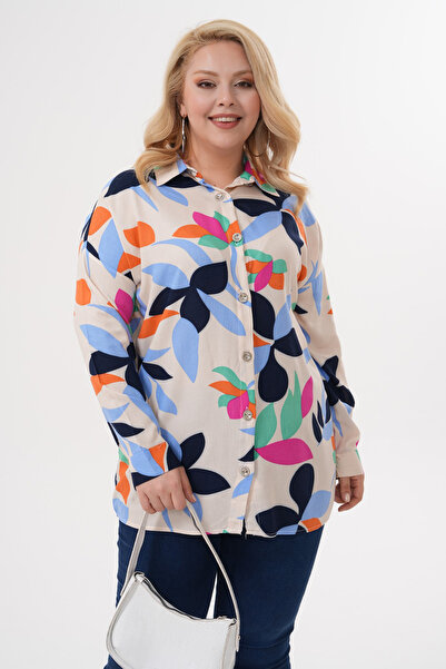 Polologin Butik Abstract Leaf Patterned Beige Viscose Tunic