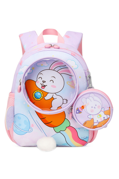 Bonfino حقيبة ظهر بونفينو مطبوعة بأرنب مع محفظة نقود معدنية، وحزام كتف قابل للتعديل، لون بنفسجي - 11 بوصة