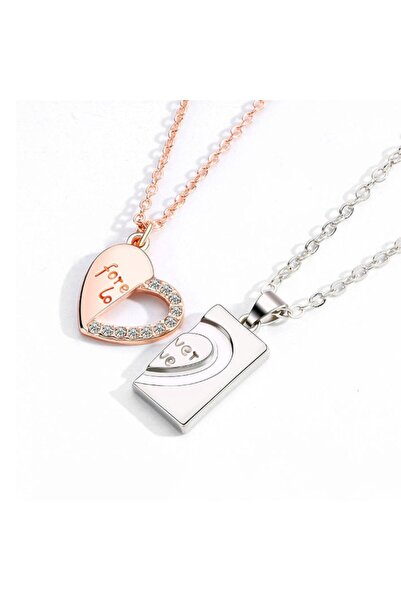 xUPING Set de două coliere pentru cupluri, îndrăgostiți, cu pandantiv inimă „Love forever”, pietre zircon, aur roz