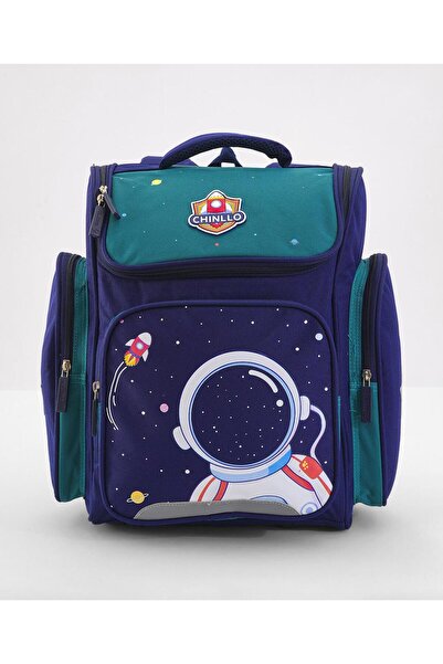 Bonfino حقيبة مدرسية بونفينو بتصميم رائد فضاء، أحزمة مبطنة، حزام صدر، أزرق وأ...