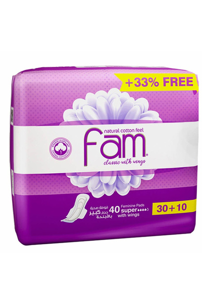 FAM فام فوط صحية كلاسيك , كبيرة بالأجنحة - 40 قطعة 30+10 عبوة إقتصادية