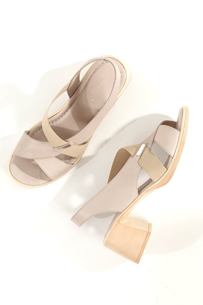 Modabuymus Madleen Cream Beige Color Soft Genuine Leather Women's Sandals Thick Heels Shoes