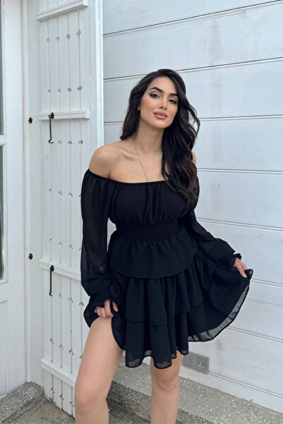 Sindimoda Katlı Şifon Kayık Yaka Mini Elbise