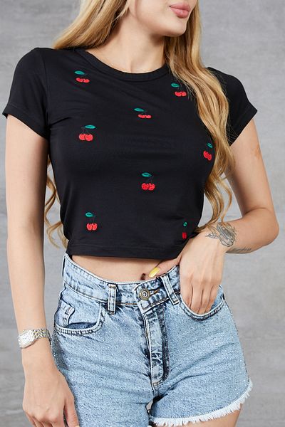 DPARİS Tricou Crop cu decolteu tip Cherry Printed