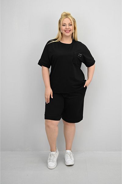 Koza Butik Women's Plus Size Short Sleeve Pocket Detailed Shorts Set 8209-25