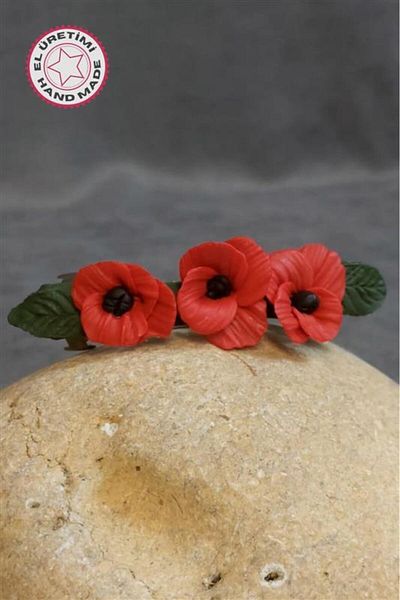 Uretti - Hülya 6683 8385 Handmade Polymer Clay Red Poppy Flower Designed Hair Clip / 8 cm