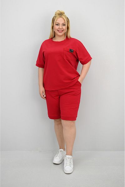 Koza Butik Women's Plus Size Short Sleeve Pocket Detailed Shorts Set 8209-25