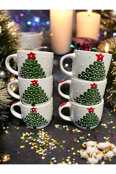 BB TRADE Handmade Christmas Themed Hand Painted Pine Tree Patterned Gift Set of 6 Ceramic Mugs