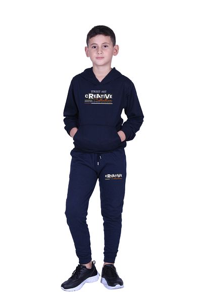 FYK KİDS Boy's Track Suit with Hooded Kangaroo Pocket and Creati̇ve Text Printed