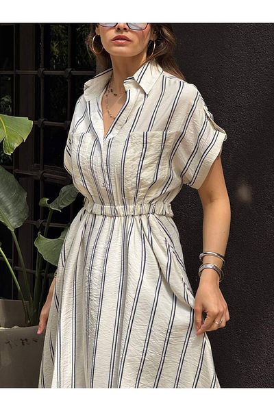 Coral Striped Front Long Dress Ecru - Navy Blue
