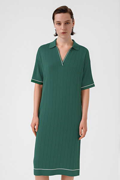 Triko Mısırlı Nefti Yeşili Gömlek Yaka Nervürlü Elbise