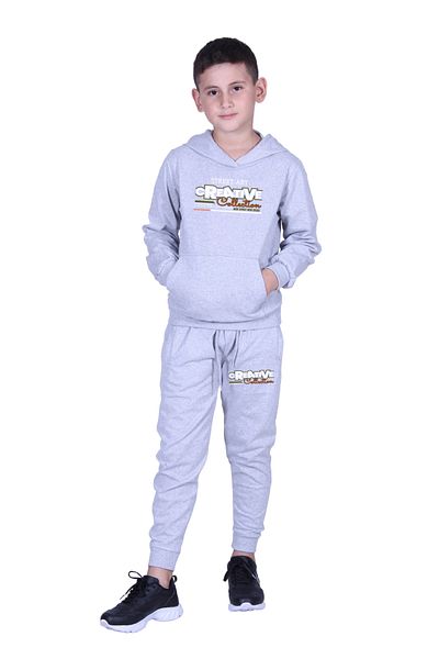 FYK KİDS Boy's Track Suit with Hooded Kangaroo Pocket and Creati̇ve Text Printed