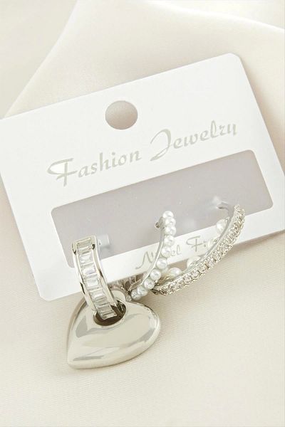 KAKTÜS JACK 3 Pieces Heart Pearl Zircon Stone Earrings