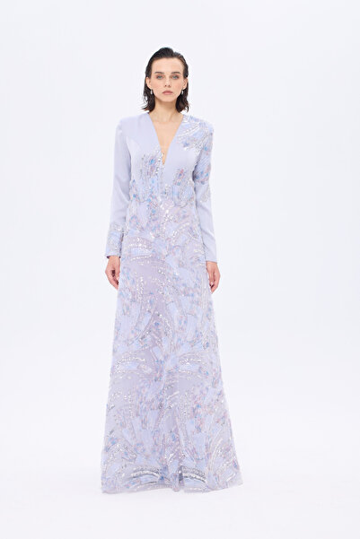 Atelier Pret 𝐏𝐎𝐍𝐓𝐀𝐍𝐀 Uzun Kollu V-yakalı İşlemeli Kloş Uzun Abiye Elbise