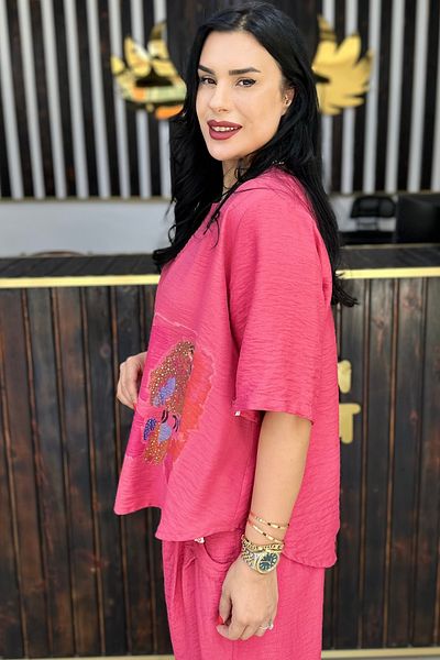 GÖKSEL Papagan Printed Linen Plus Size Bluz
