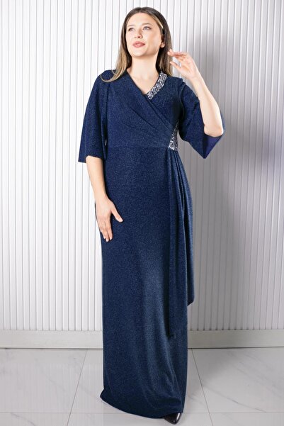 SUBU TASARIM Evening Dress with Stone Print Detail Navy Blue Tbsmda2541