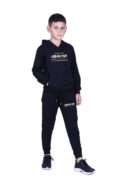 FYK KİDS Boy's Track Suit with Hooded Kangaroo Pocket and Creati̇ve Text Printed