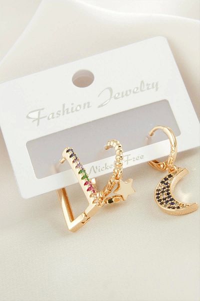 Enseb 3 Pieces Crescent Zircon Stone Earrings