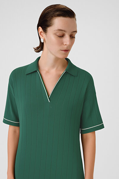 Triko Mısırlı Nefti Yeşili Gömlek Yaka Nervürlü Elbise