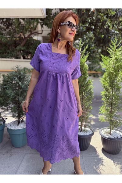DenizEge Square Neck Brode Dress Purple-46