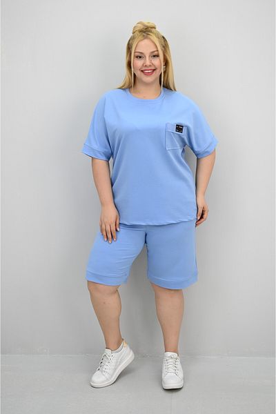 Koza Butik Women's Plus Size Short Sleeve Pocket Detailed Shorts Set 8209-25