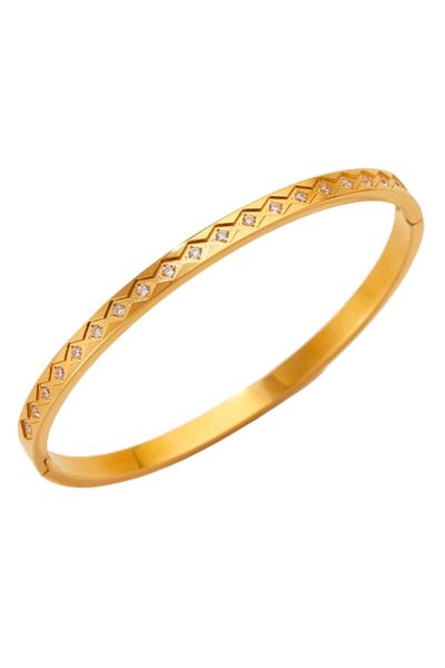 Tessero - Women's Fixed Bangle Bracelet, Slim Model, Zirconium Stones, Stainless Steel, 18K Gold Pla