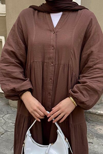 lamelif Front Half Button Detailed Muslin Fabric Hijab Dress Brown
