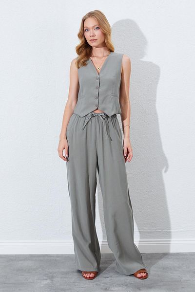 TENA Women's Khaki Wide Leg Elastic Waist Trousers