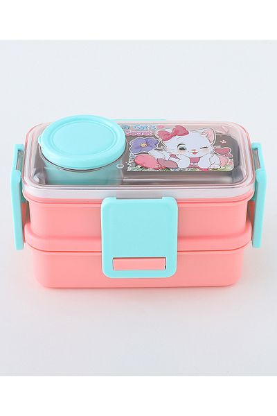 Fab N Funky Cat Themed Lunchbox, Two Layers, Compact, Lightweight - Pink and Green