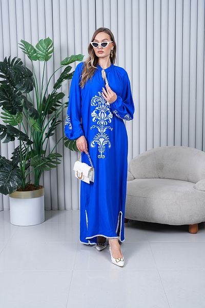 EL jadida Women's Embroidered Pompom Viscose Long Dress Saks Blue