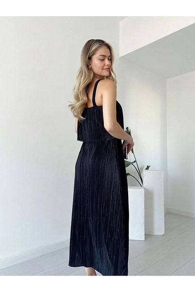 Dks Life Lycra Lined Strap Pleated Shawl Collar Elastic Waist Dress