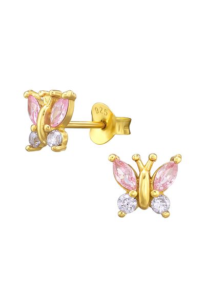 Sophia Collection Children's earrings 925 silver plated with 24K gold, butterfly pattern with zirconia