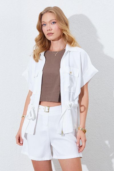 TENA Women's Ecru Double Sleeve Double Pocket Belted Zippered Gabardine Blouse