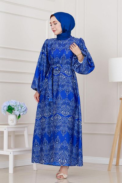 Sevitli Balloon Sleeve Satin Adel Dress-Blue