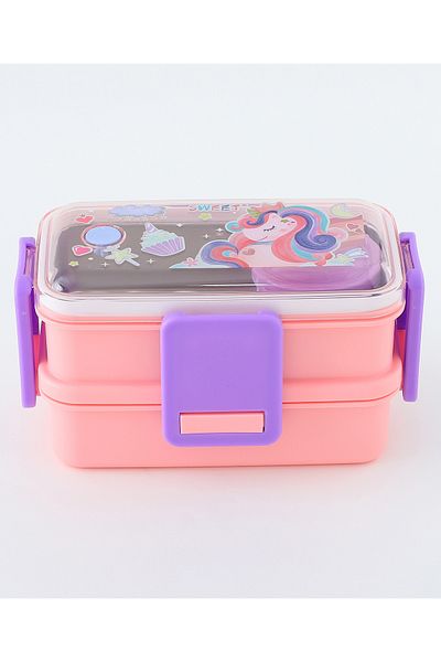 Fab N Funky Unicorn Themed Lunchbox, Two Layers, Compact, Lightweight, 3 Years+, 18.5 x 10.8 x 11.1 cm - Pink