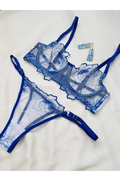 İNKO İÇ GİYİM Set sutien din tul fără căptușeală cu sârmă florală (BRA TANGA)