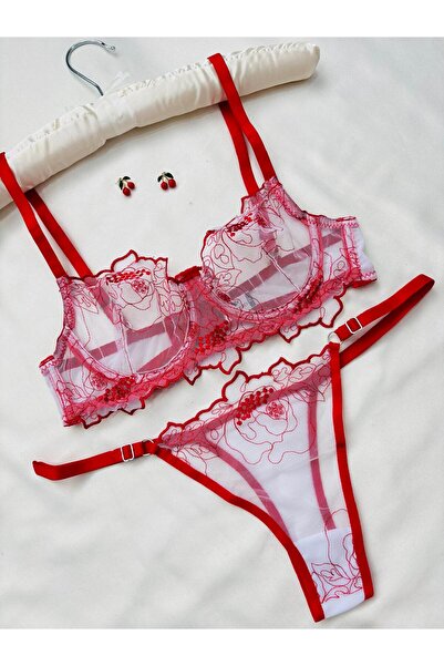 İNKO İÇ GİYİM Floral Underwire Uncovered Tulle Bra Set (Bra Tanga)