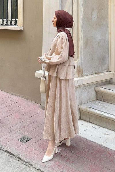 lamelif Front Bow Tie Blouse Skirt Hijab Suit Stone