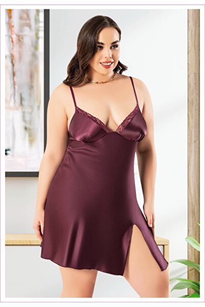 Viselya قميص نوم صغير بفتحة البرقوق من الساتان مقاس كبير