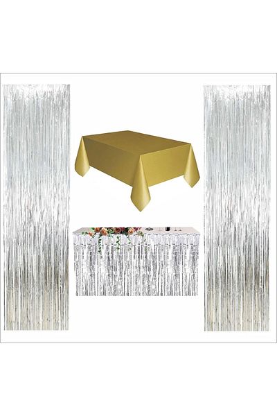 ZENVİVA 4 Pieces Gold Table Cloth, Silver Table Skirt, 2 Pieces Silver Backgrounds